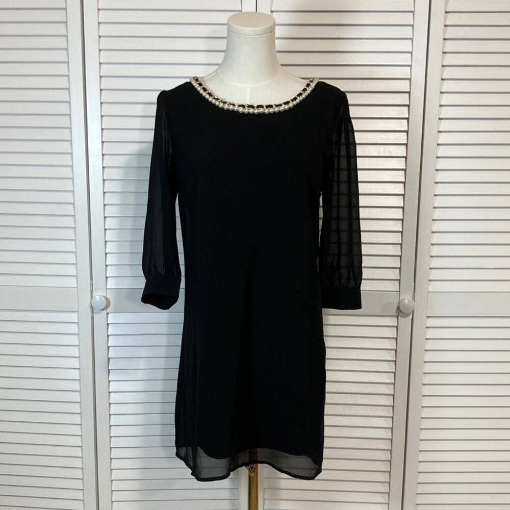 HeartSoul Chic Minimalist Retro Pearls Neckline Black Mini Shift Dress S